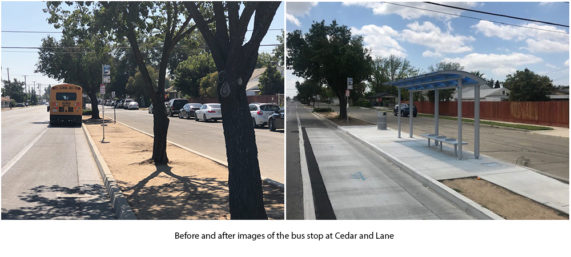 Before and after pictures of the bus stop at Cedar and Lane